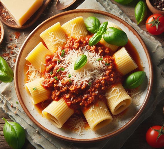 Canelones con salsa boloñesa, queso y condimentos desde arriba